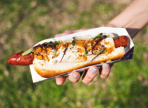 Close-up person holding up tasty hot dog