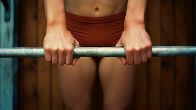 Close-up of person using bar while training in gymnastics