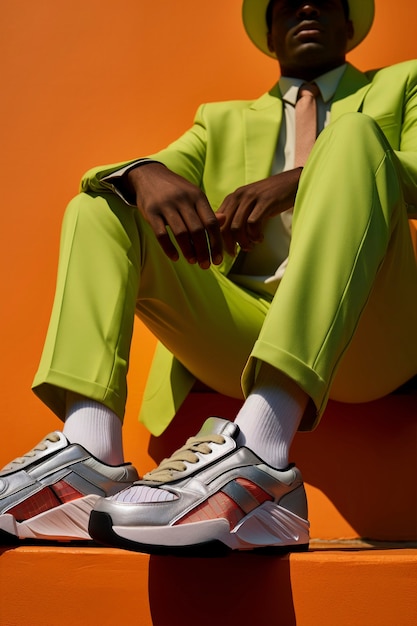 Close up on person wearing futuristic sneakers