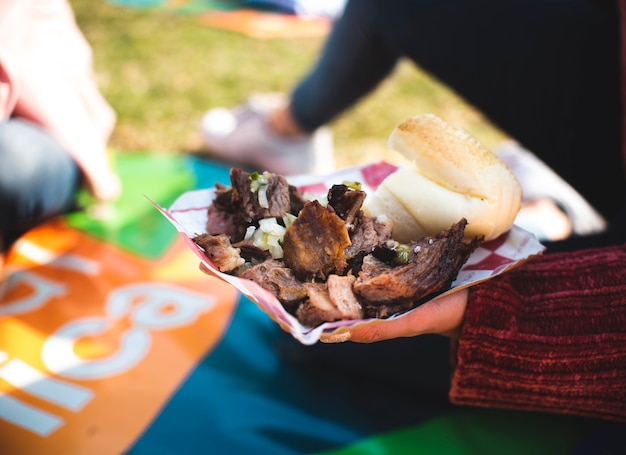 Free photo close-up person with meat at picnic