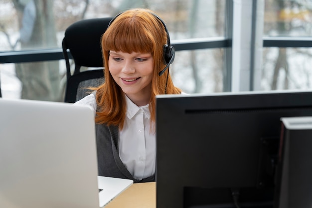 Close up on person working in call center