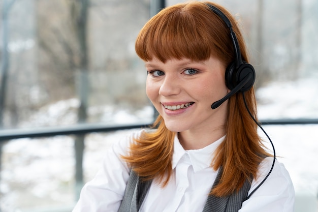 Close up on person working in call center