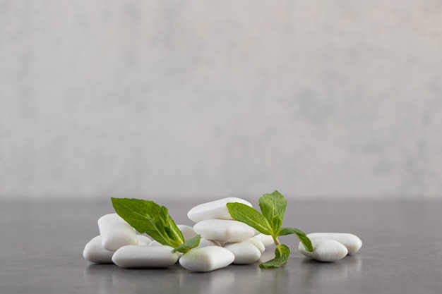 Free Photo close up photo of white gums with mint leaves on grey background. 