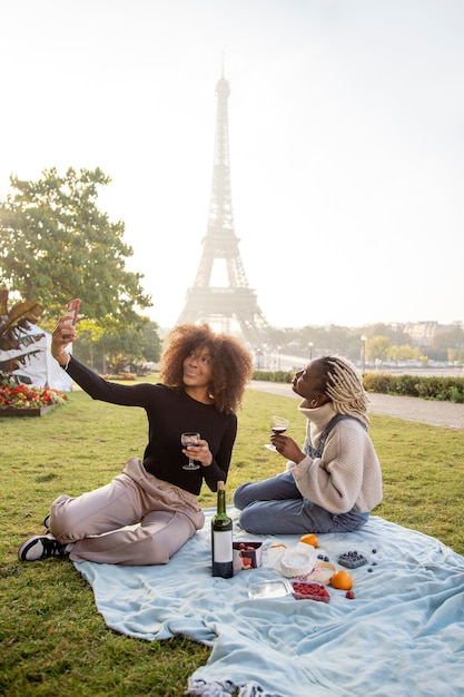 Close up on picnic near eiffel tower