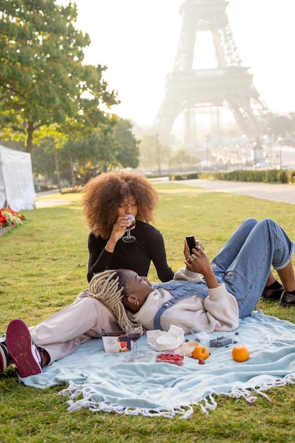 Close up on picnic near eiffel tower