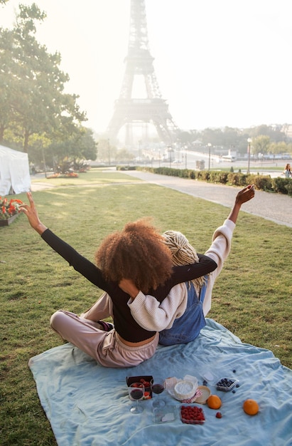 Close up on picnic near eiffel tower