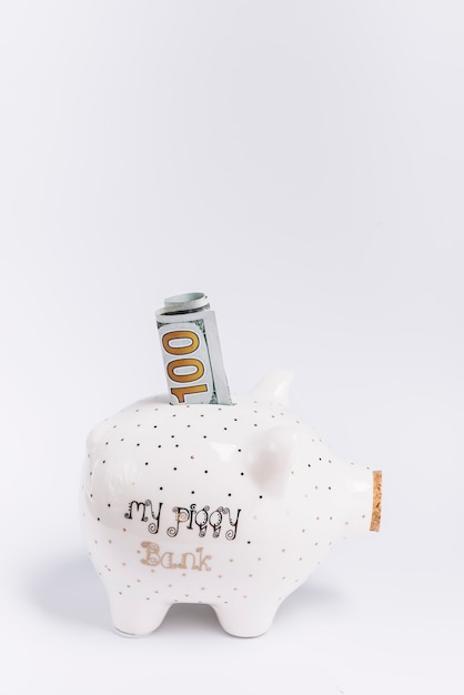 Close-up of piggybank with hundred banknote on white backdrop