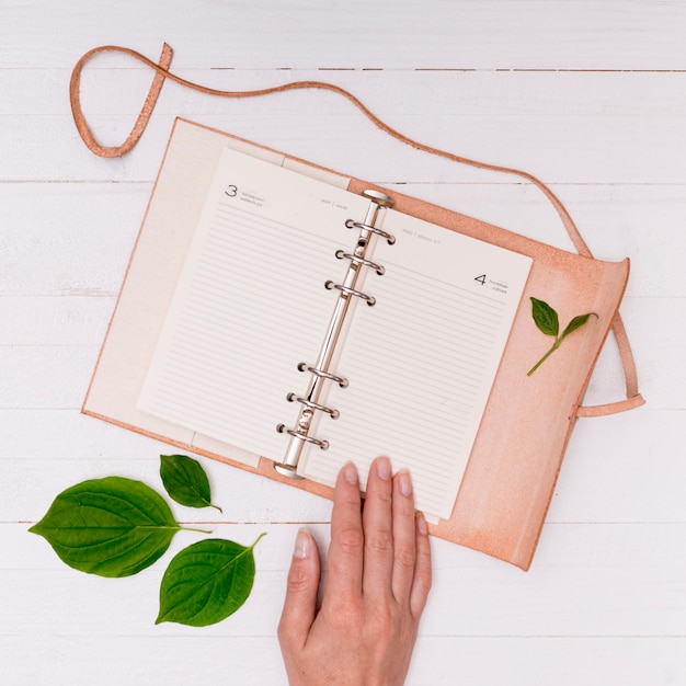 Free photo close-up pink notebook with hand