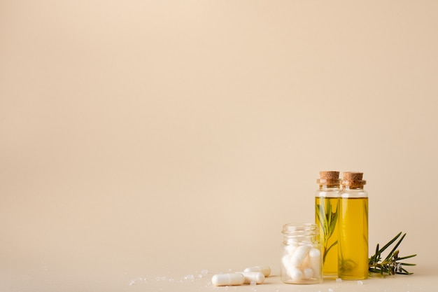 Close-up plastic bottles with oil and medicine