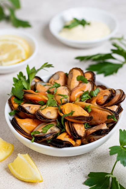 Close-up plate with tasty mussels