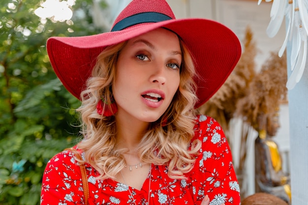 Close-up portrait of attractive stylish blond smiling woman in straw red hat and blouse summer fashion outfit with smile sensual