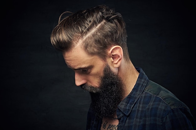 Free photo close up portrait of bearded male with long hair over dark background.