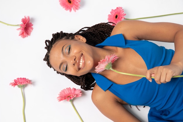 Close up portrait of beautiful woman with flowers