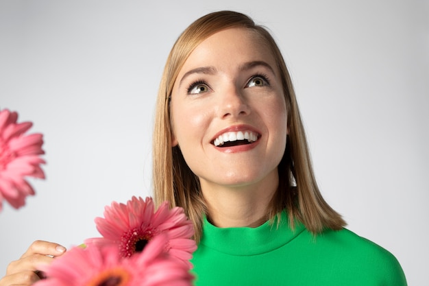 Close up portrait of beautiful woman with flowers