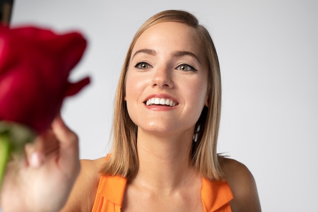 Close up portrait of beautiful woman with flowers