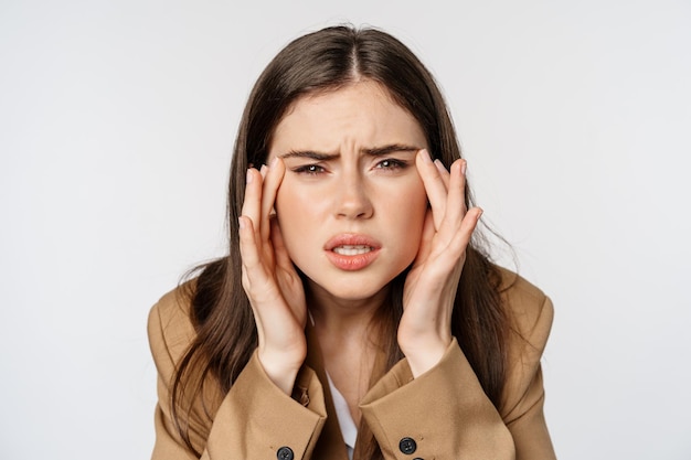 Close up portrait of business woman squinting and looking without glasses cant see bad sight without...