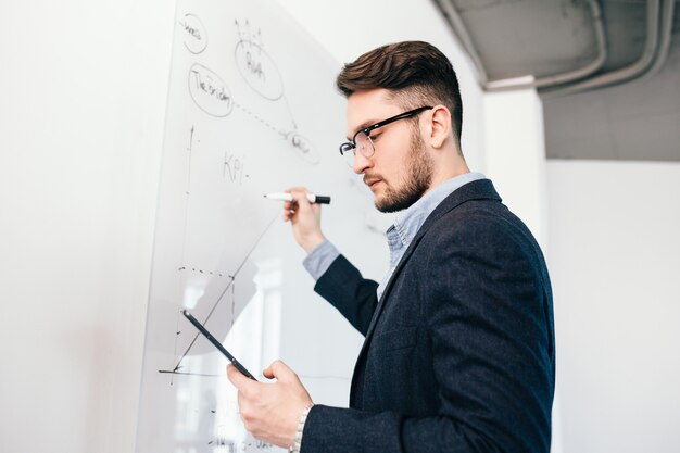 Close-up portrait of oung dark-haired man in glasses with laptop  writing a business plan on whiteboard. He wears blue shirt and dark jacket. Bottom view.