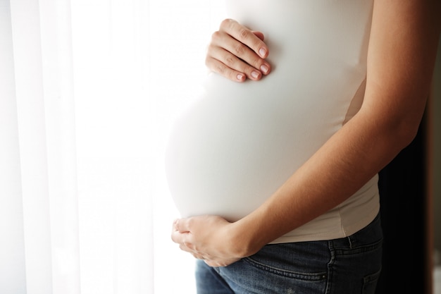 Free Photo close up portrait of a pregnant woman touching her belly