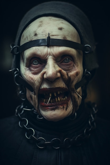 Free photo close up portrait of scary nun with facial trap