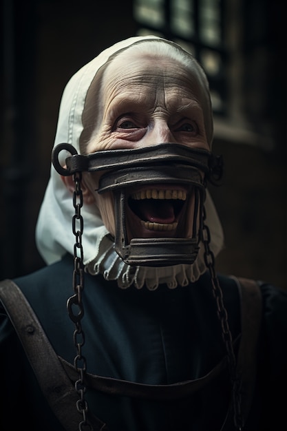 Free photo close up portrait of scary nun with facial trap