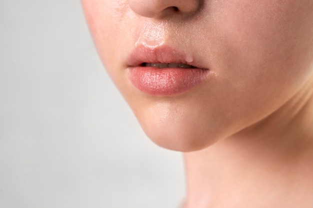 Close up portrait of woman with hydrated skin