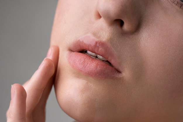 Close up portrait of woman with hydrated skin