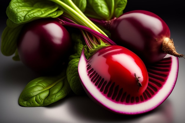 Free photo a close up of a radish and a slice of green.