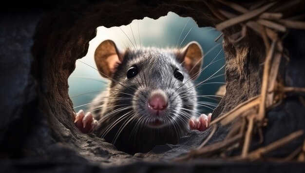 Close up on rat looking into hole