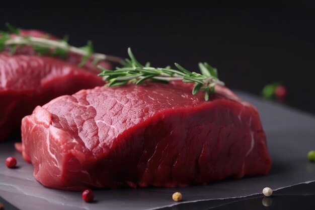 Close up of Raw meat steak with herbs and spices on black background Ai generative