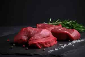 Free photo close up of raw meat steak with herbs and spices on black background ai generative