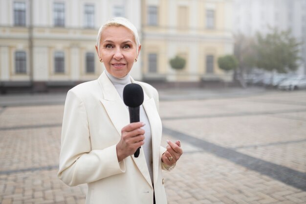 Close up on reporter preparing for an interview