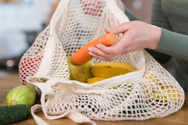 Close-up reusable bag with organic groceries