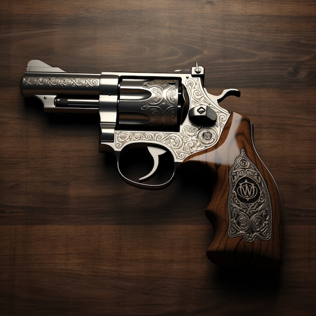 Free photo close up on revolver gun showcased over wooden board