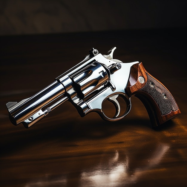 Free Photo close up on revolver gun showcased over wooden board