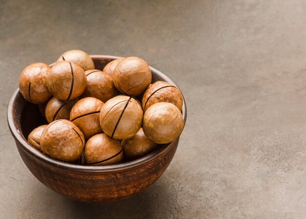 Close-up roasted hazelnuts in a bowl