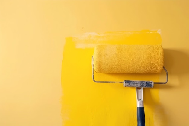 Close up of Roller painting a white wall with yellow paint Copy space Ai generative