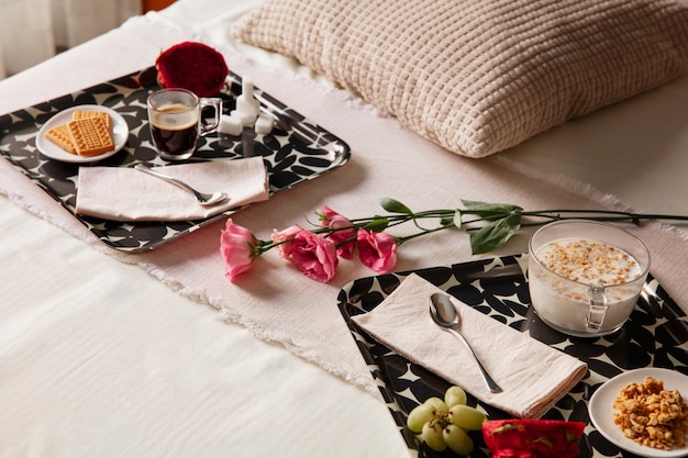 Free Photo close up on romantic breakfast in bed arrangement