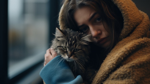 Free Photo close up on sad person with pet