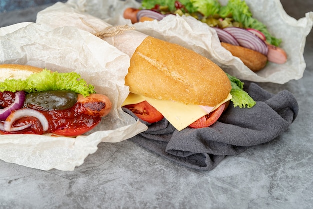 Close-up sandwiches on a towel