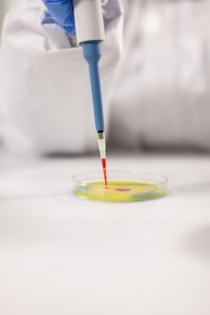 Close up of scientist dropping blood sample using micropipette