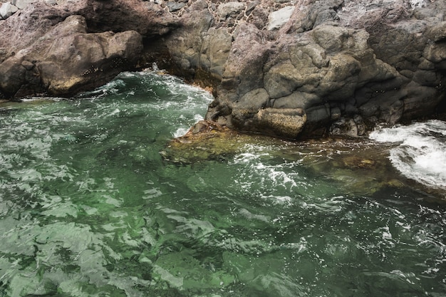 Free Photo close-up sea touching rocky shore