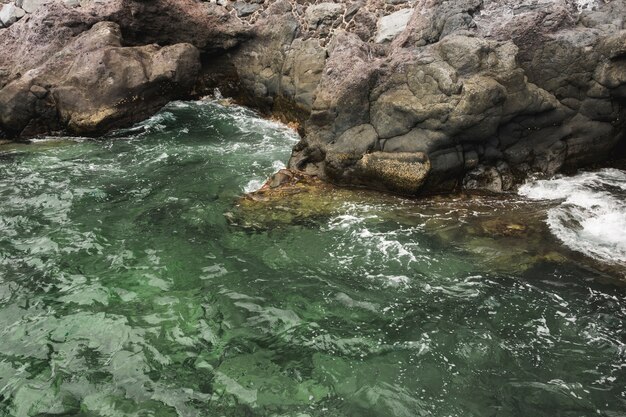 Close-up sea touching rocky shore