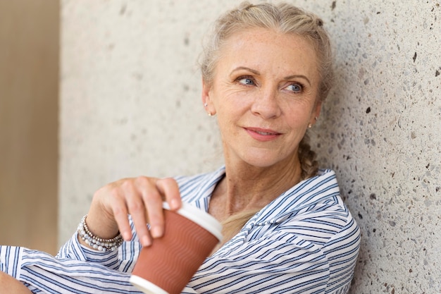 Free photo close up senior woman with coffee cup