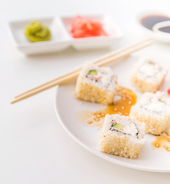 Close up shot of sushi plate with blurred background