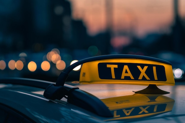 Free photo close-up shot of a taxi sign in the warm colours of sunset with bokeh lights in the background