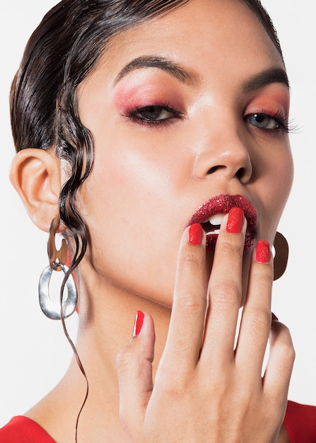 Close-up shot young woman in pleasant color