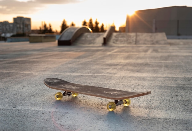 Close up skateboard on rink