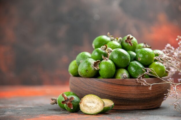 Close up on small vitamin bomb fresh feijoas fruits