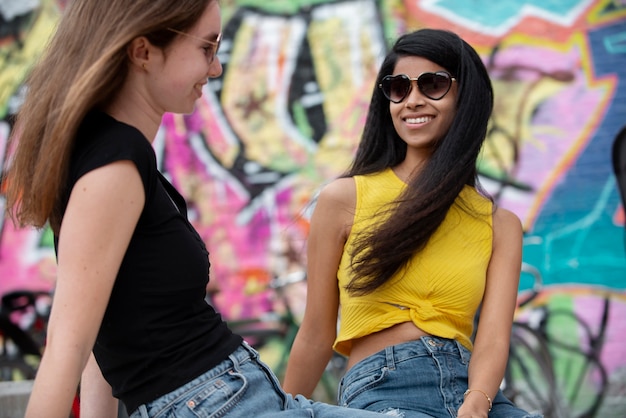 Close up smiley girls outdoors