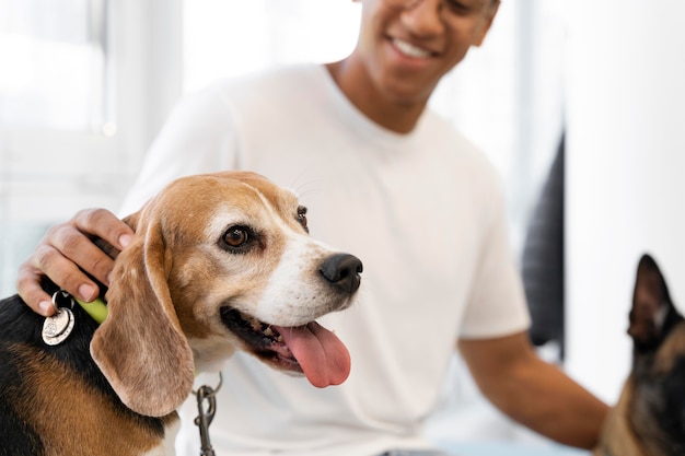 Close up smiley man petting dog